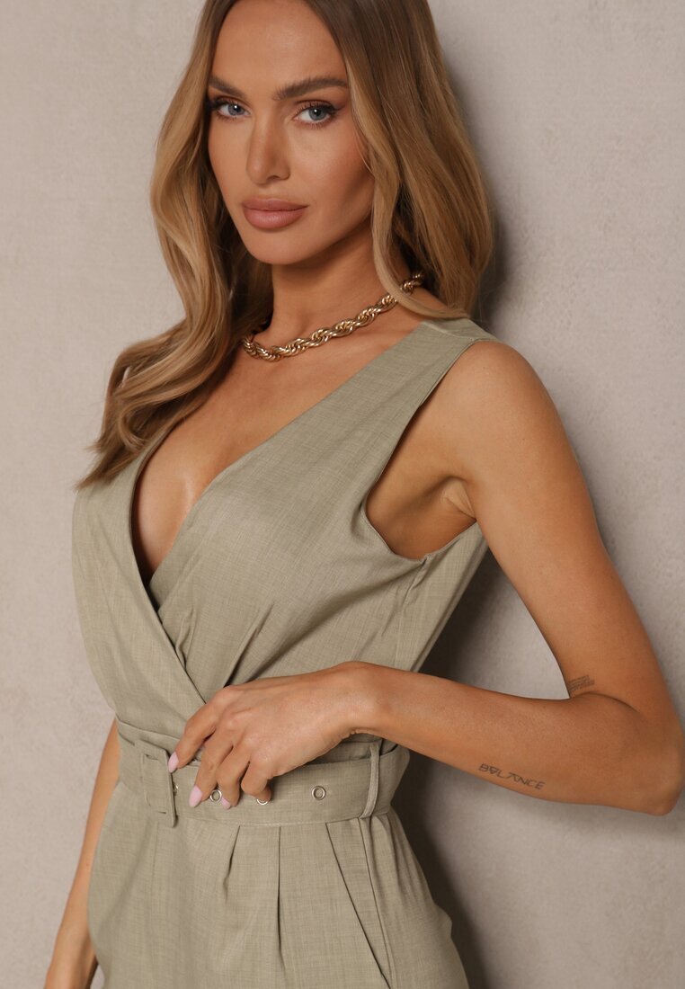 j&x Salopetă Verde deschis cu pantaloni lungi tip plic cu cordon în talie Ronasia