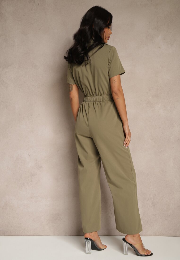 j&x Salopetă Verde închis Wide Leg cu Guler Fermoar și Mânecă scurtă Jenaralitia