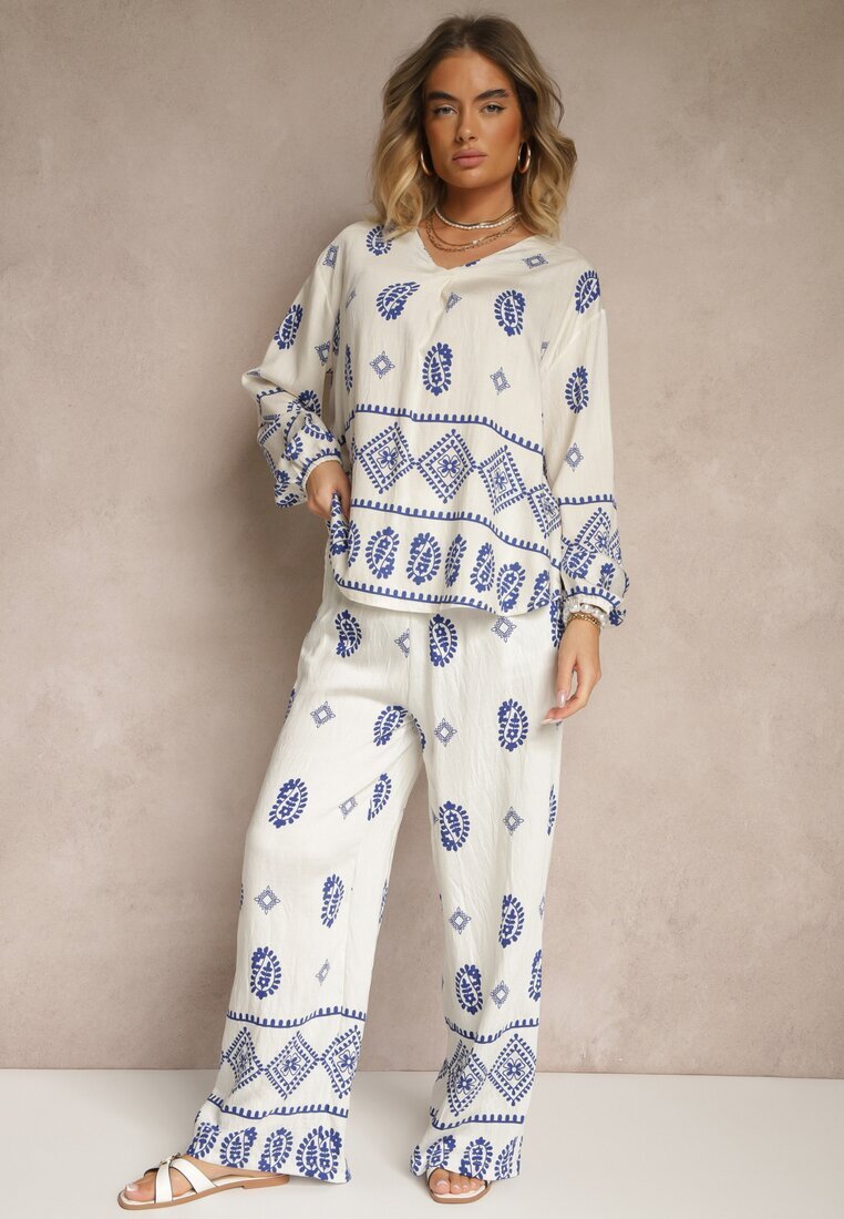 j&x Set Alb-Albastru în Stil Etnic Pantaloni cu Elastic în Talie și Bluză Oversize Eviralyn