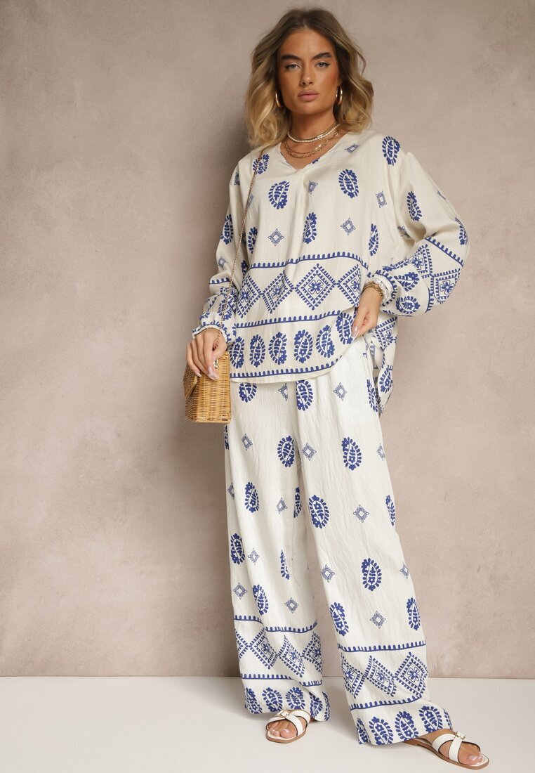 j&x Set Alb-Albastru în Stil Etnic Pantaloni cu Elastic în Talie și Bluză Oversize Eviralyn