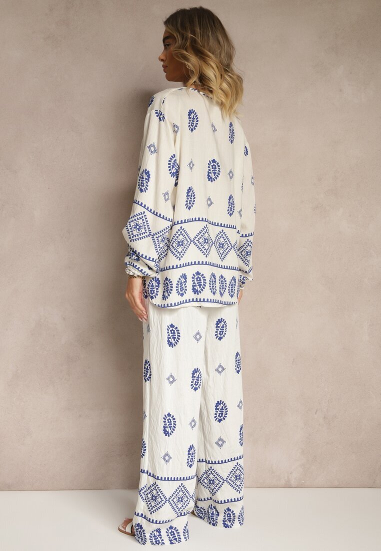 j&x Set Alb-Albastru în Stil Etnic Pantaloni cu Elastic în Talie și Bluză Oversize Eviralyn
