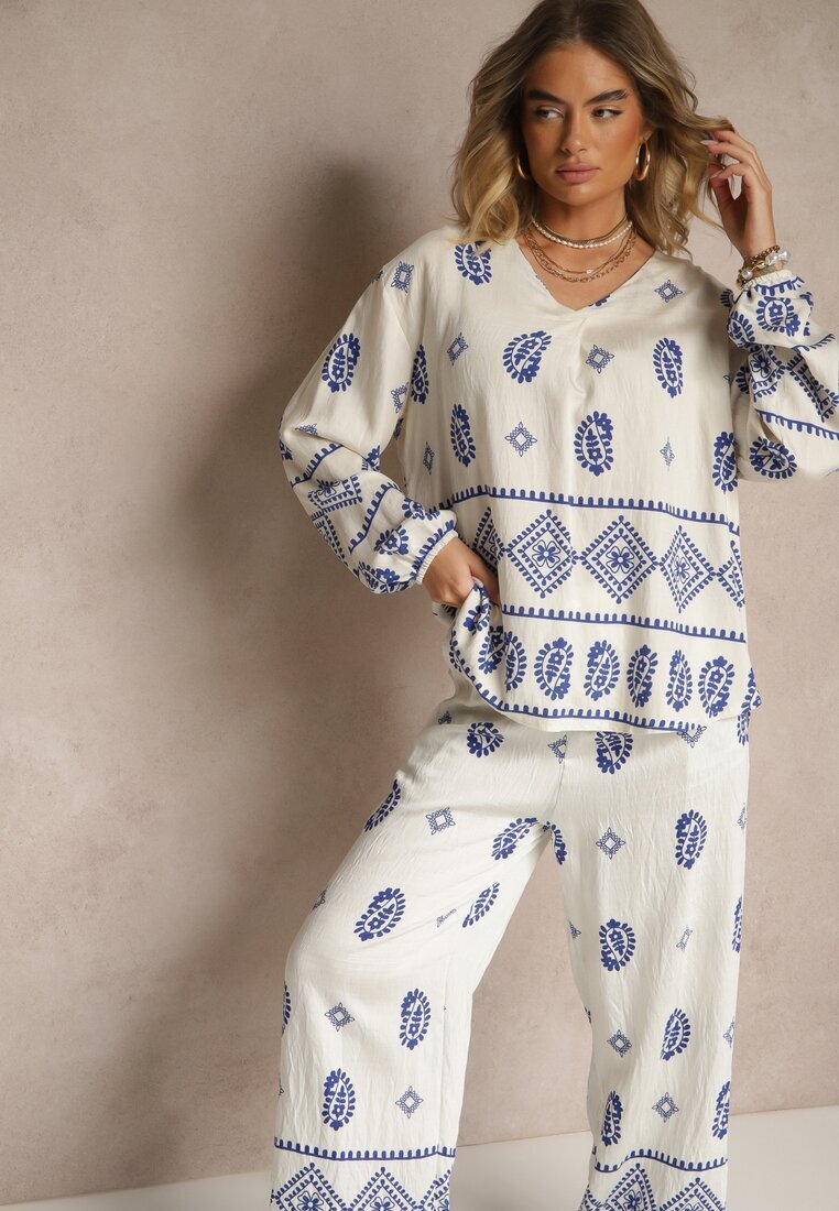 j&x Set Alb-Albastru în Stil Etnic Pantaloni cu Elastic în Talie și Bluză Oversize Eviralyn