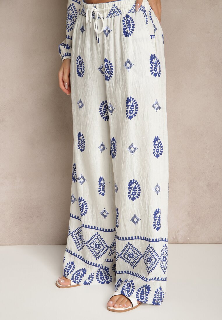 j&x Set Alb-Albastru în Stil Etnic Pantaloni cu Elastic în Talie și Bluză Oversize Eviralyn