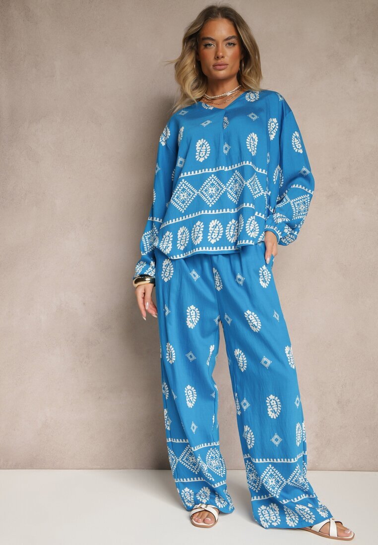j&x Set Albastru în Stil Etno Pantaloni cu bandă elastică în talie și Bluză Oversize Eviralyn
