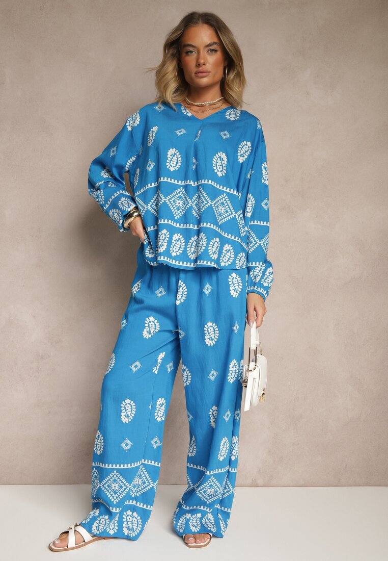 j&x Set Albastru în Stil Etno Pantaloni cu bandă elastică în talie și Bluză Oversize Eviralyn