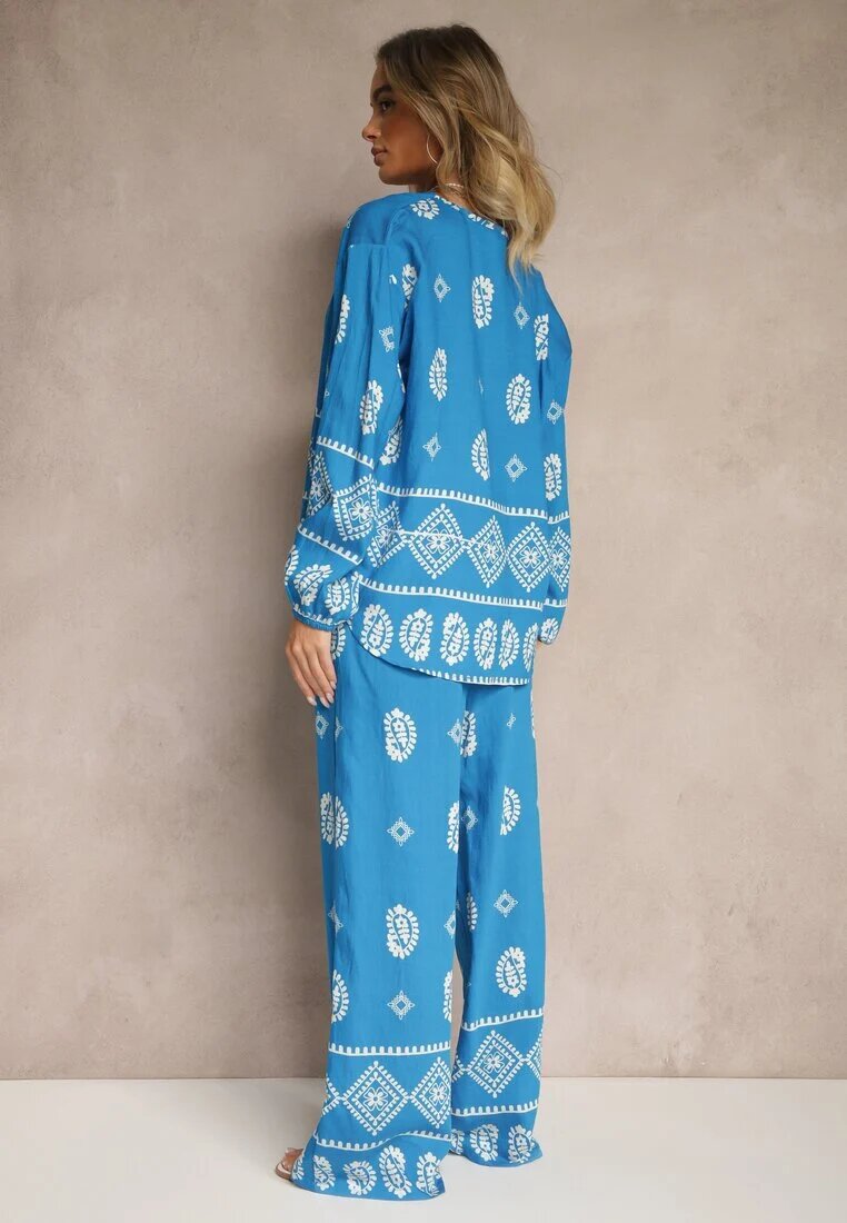 j&x Set Albastru în Stil Etno Pantaloni cu bandă elastică în talie și Bluză Oversize Eviralyn