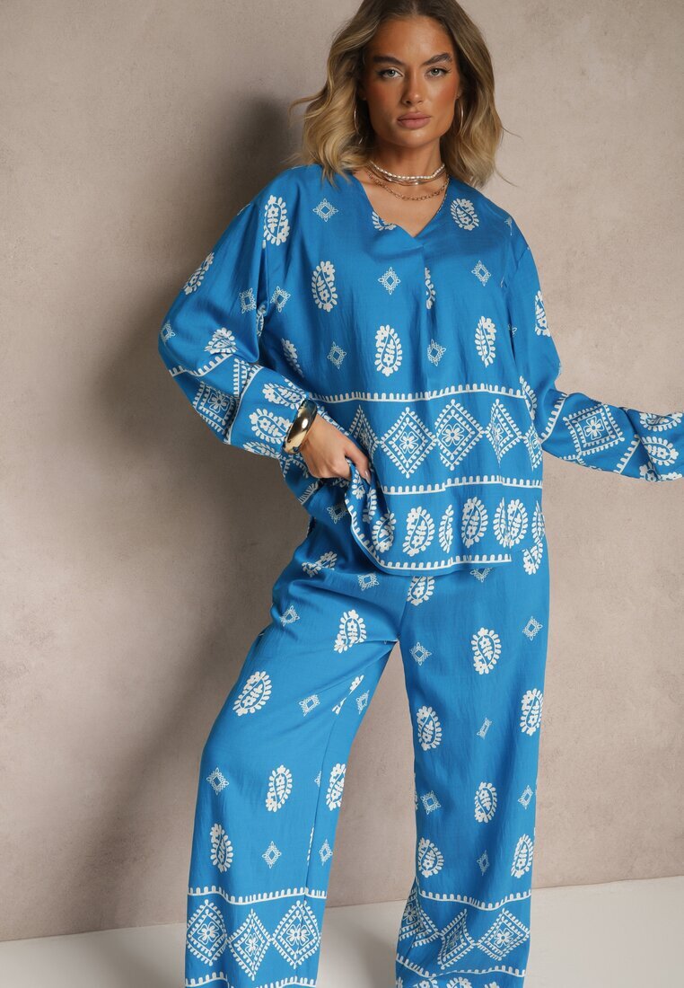 j&x Set Albastru în Stil Etno Pantaloni cu bandă elastică în talie și Bluză Oversize Eviralyn