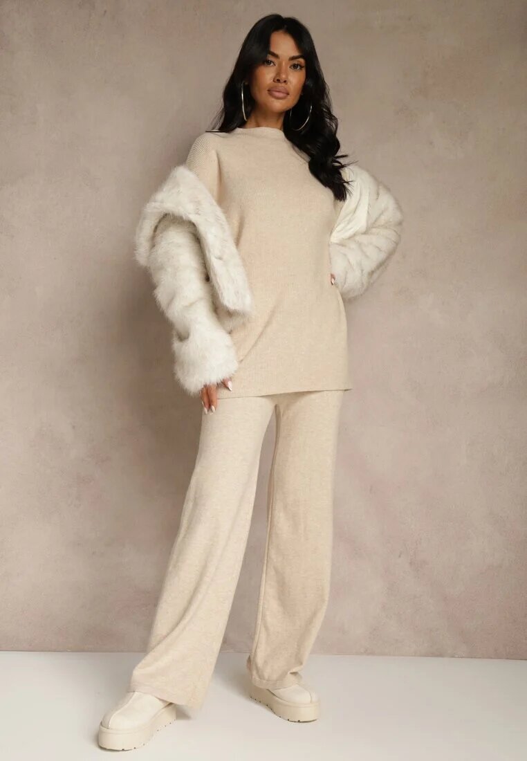 j&x Set bej cu lână și bumbac Pantaloni largi și Pulover cu croială lungă Reilissa