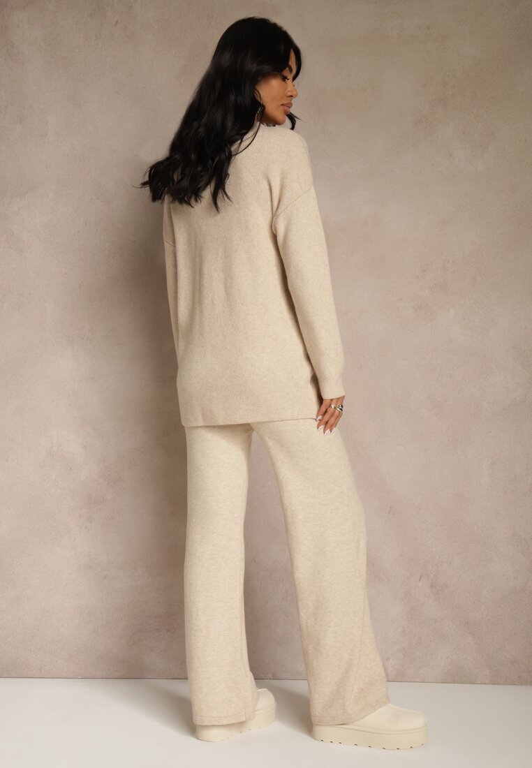 j&x Set bej cu lână și bumbac Pantaloni largi și Pulover cu croială lungă Reilissa