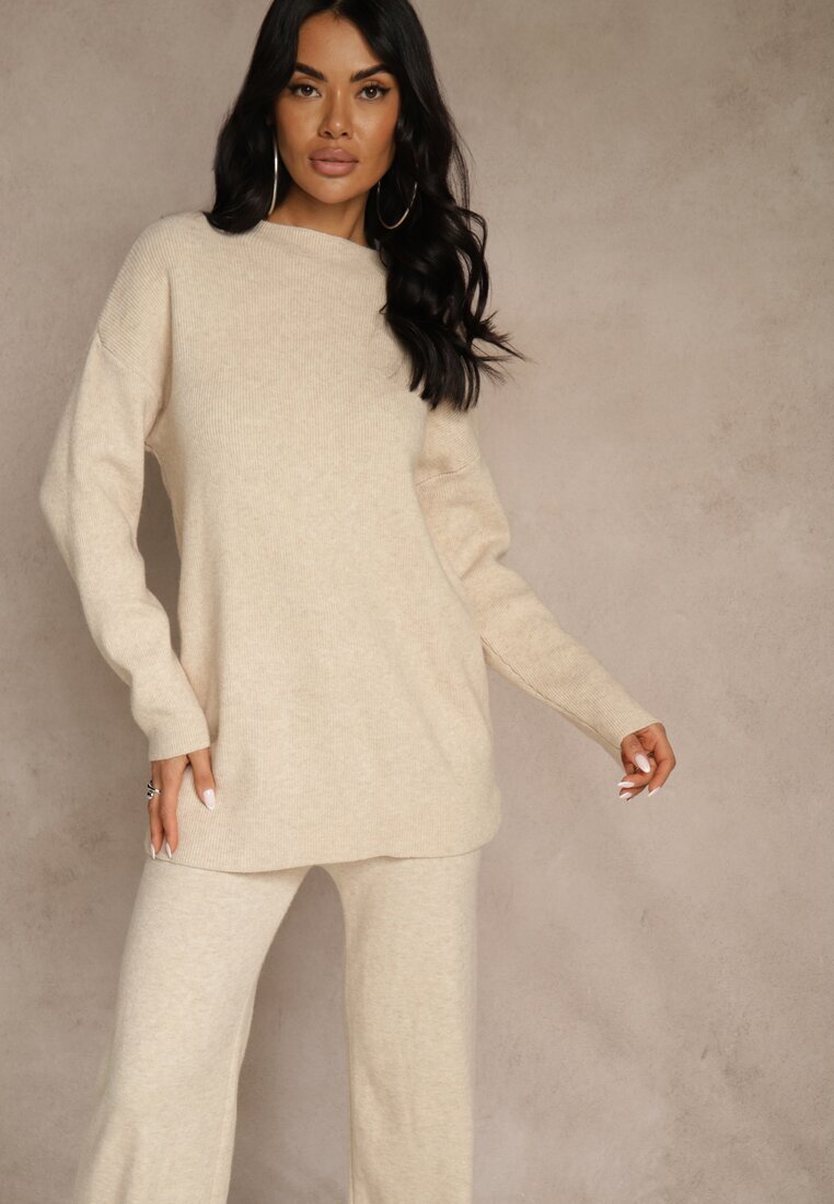 j&x Set bej cu lână și bumbac Pantaloni largi și Pulover cu croială lungă Reilissa