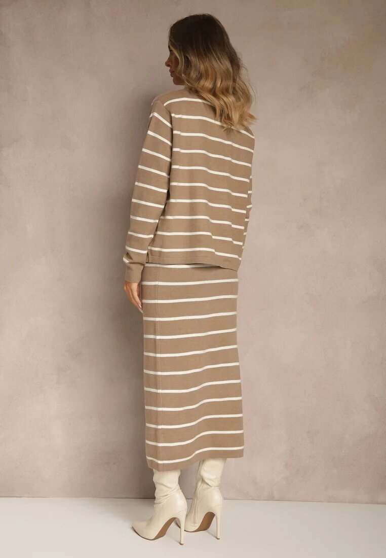 j&x Set Bej cu Viscoză Fustă și Bluză cu Nasturi Ornate cu Dungi Forrive