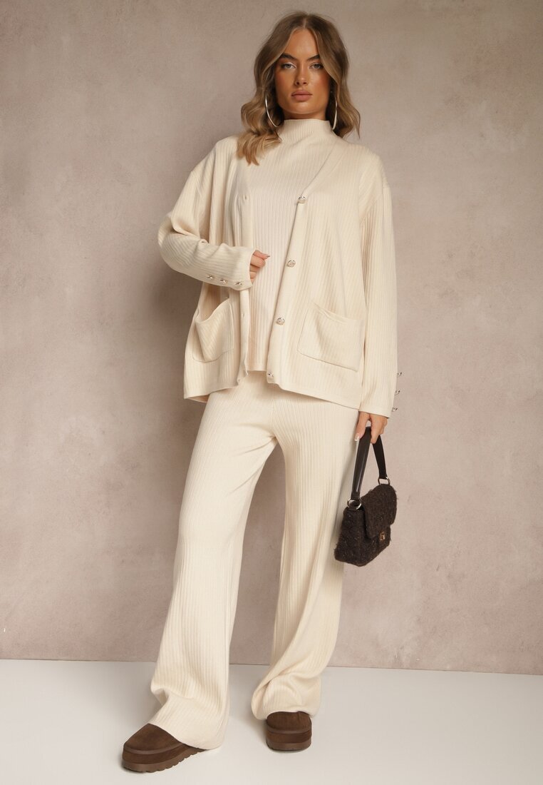 j&x Set Bej deschis din tricot cu bumbac Pantaloni Cardigan și Tricou cu guler înalt Ralonia