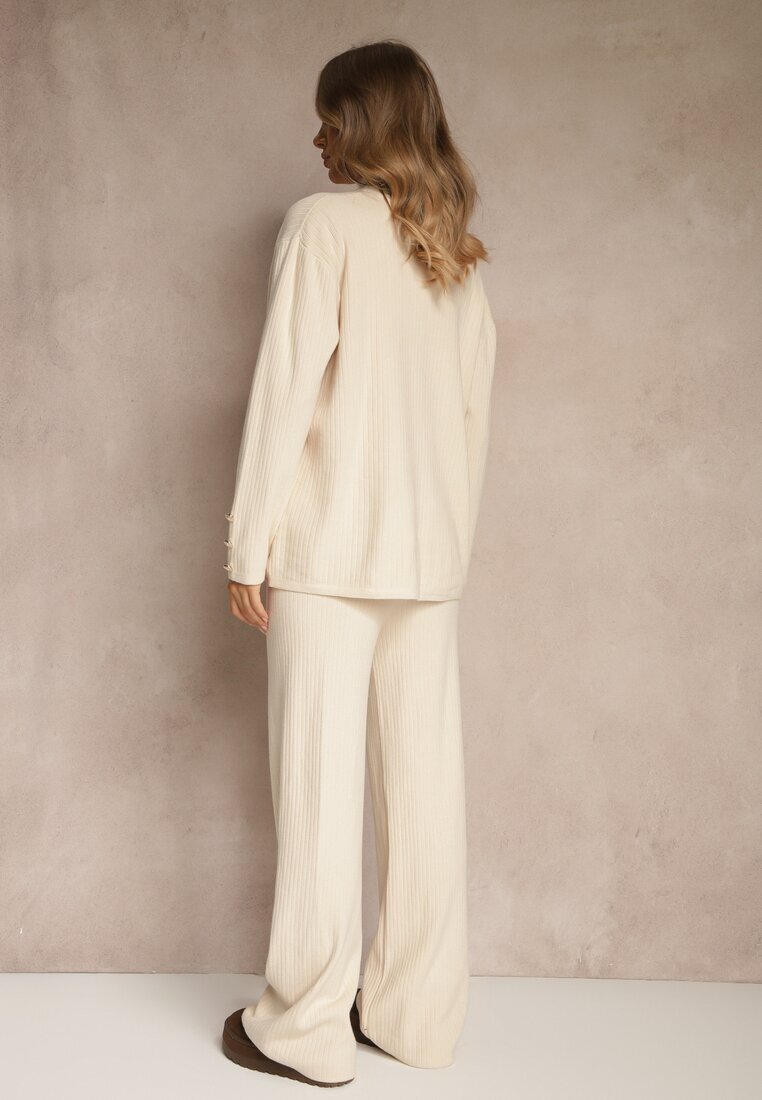 j&x Set Bej deschis din tricot cu bumbac Pantaloni Cardigan și Tricou cu guler înalt Ralonia