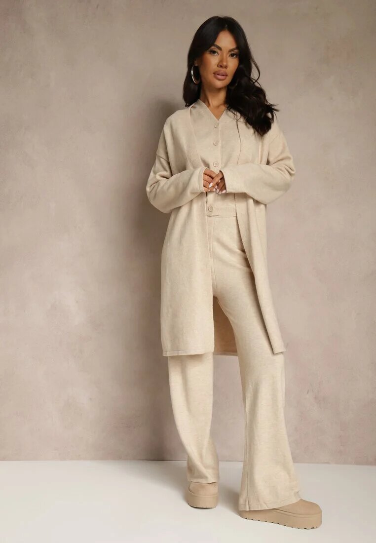j&x Set Bej deschis din tricot cu lână Cardigan lung Vestă și Pantaloni Netivia