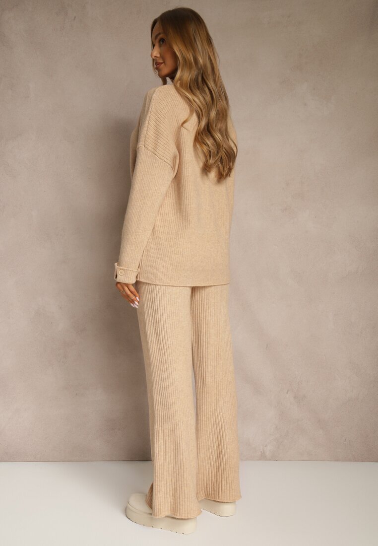 j&x Set Bej din Lână și Bumbac Pulover cu Nasturi și Pantaloni Largi Reinelia