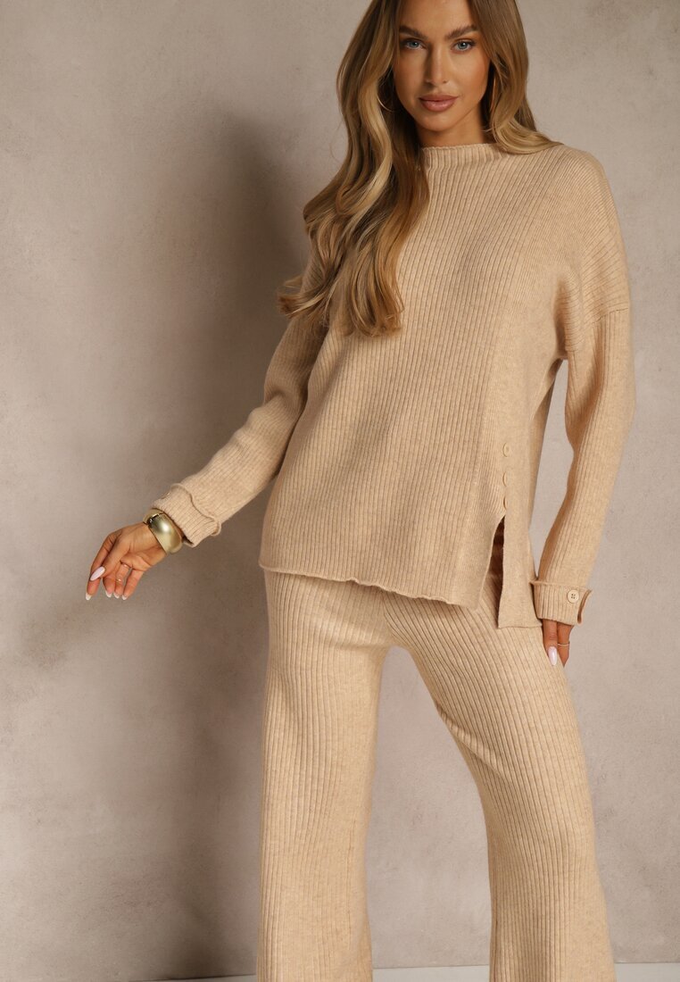 j&x Set Bej din Lână și Bumbac Pulover cu Nasturi și Pantaloni Largi Reinelia