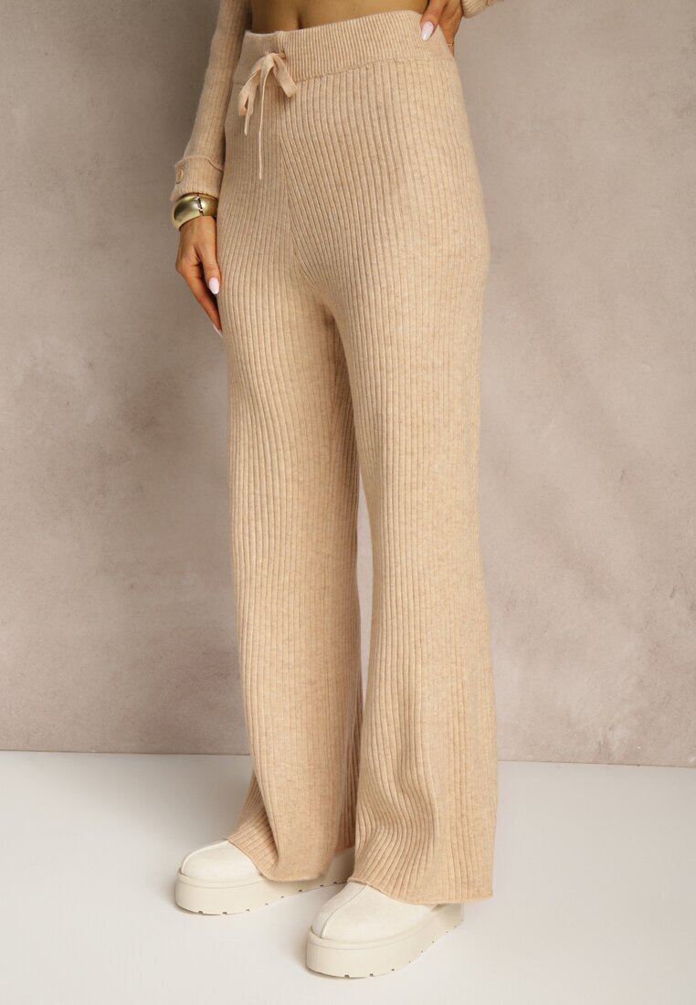 j&x Set Bej din Lână și Bumbac Pulover cu Nasturi și Pantaloni Largi Reinelia