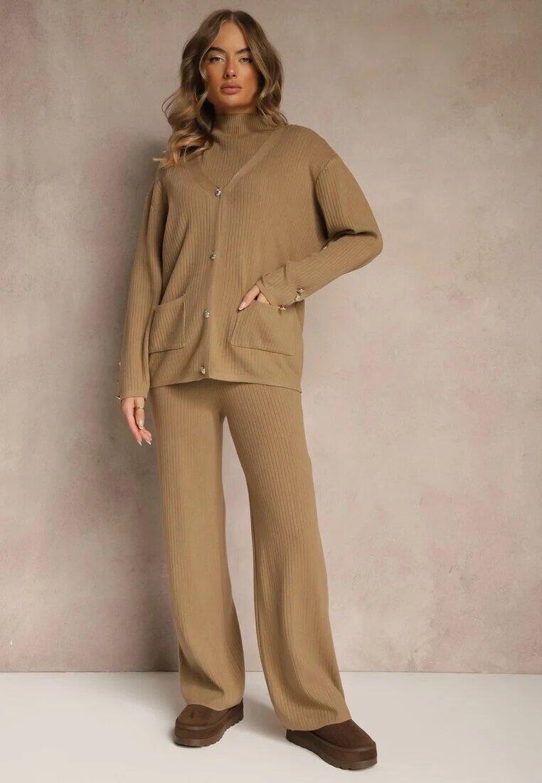j&x Set Bej din Tricot de Bumbac Pantaloni Cardigan și Tricou cu Guler Ralonia