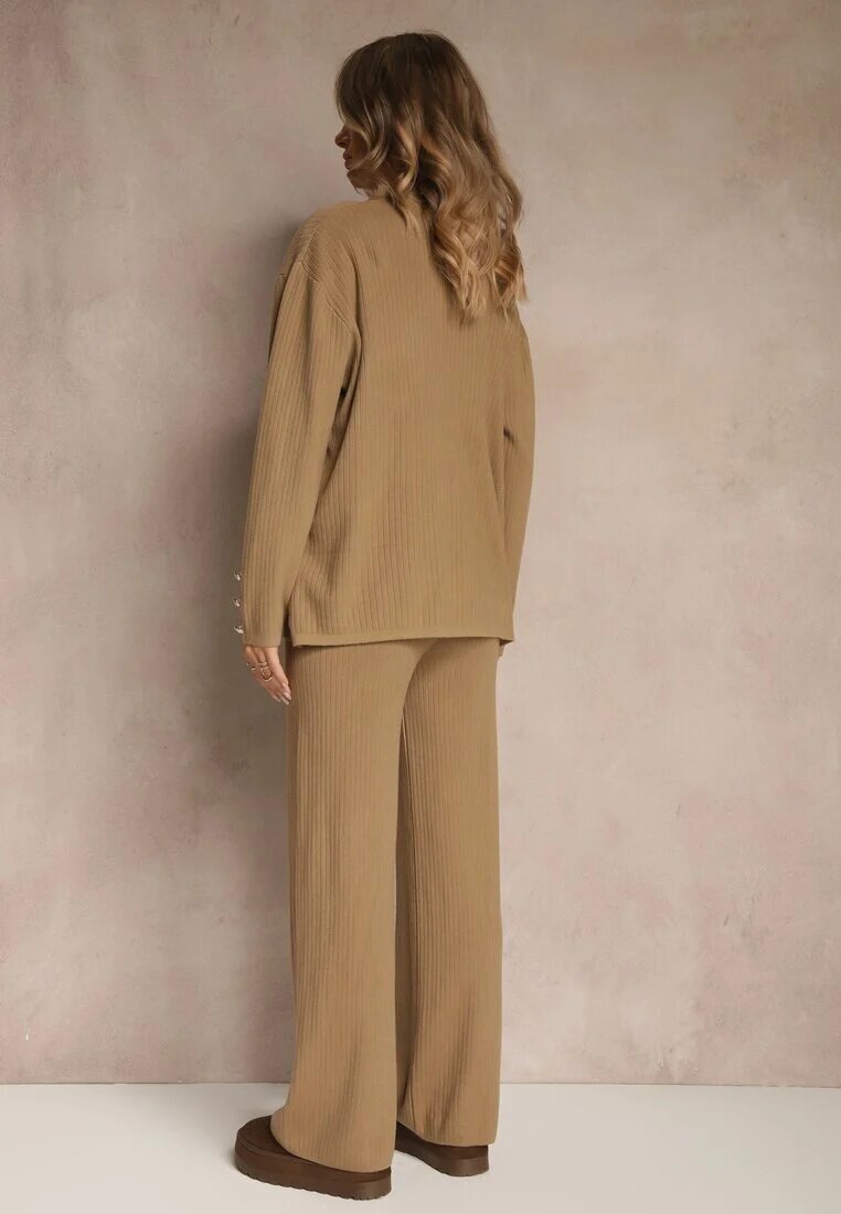 j&x Set Bej din Tricot de Bumbac Pantaloni Cardigan și Tricou cu Guler Ralonia