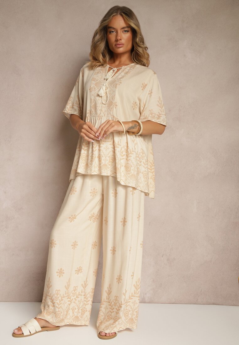 j&x Set Bej din Viscoză Pantaloni și Bluză Decorată cu Legătură Lunarelis