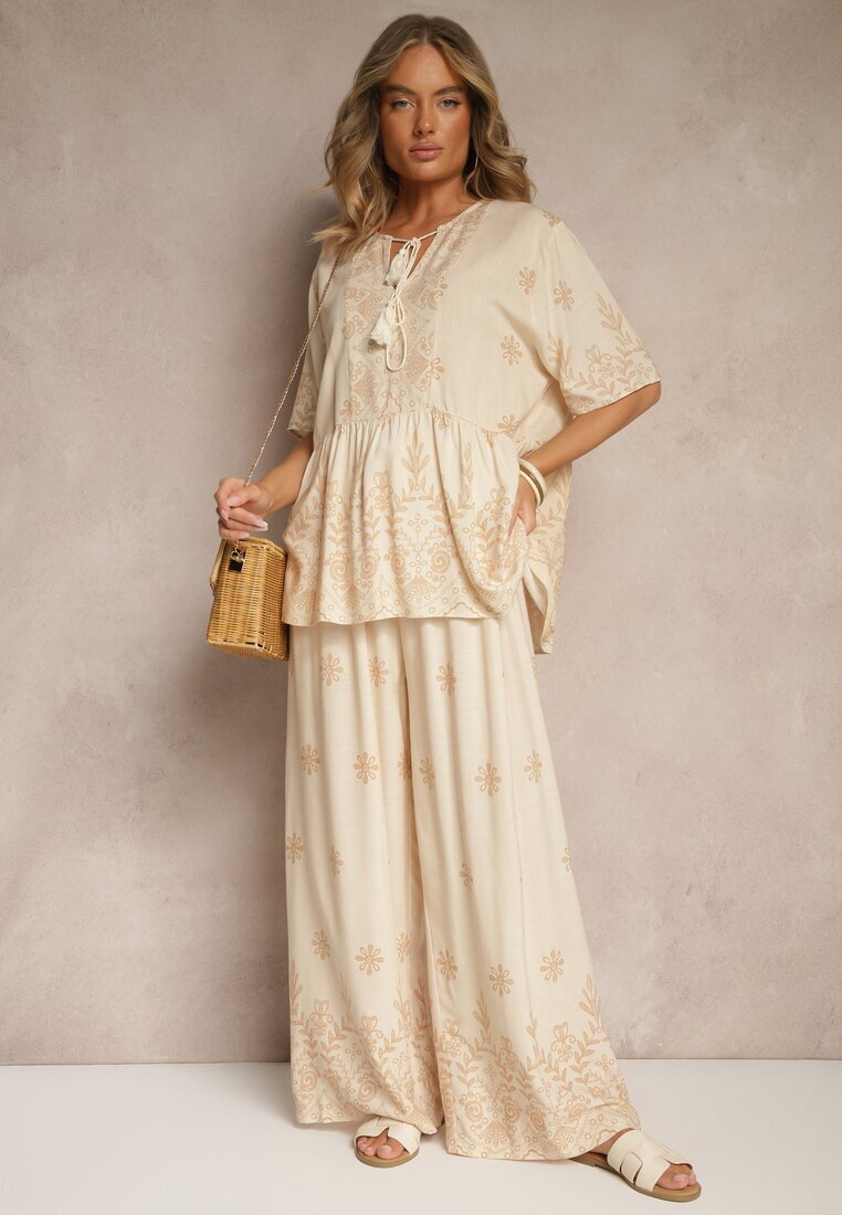 j&x Set Bej din Viscoză Pantaloni și Bluză Decorată cu Legătură Lunarelis