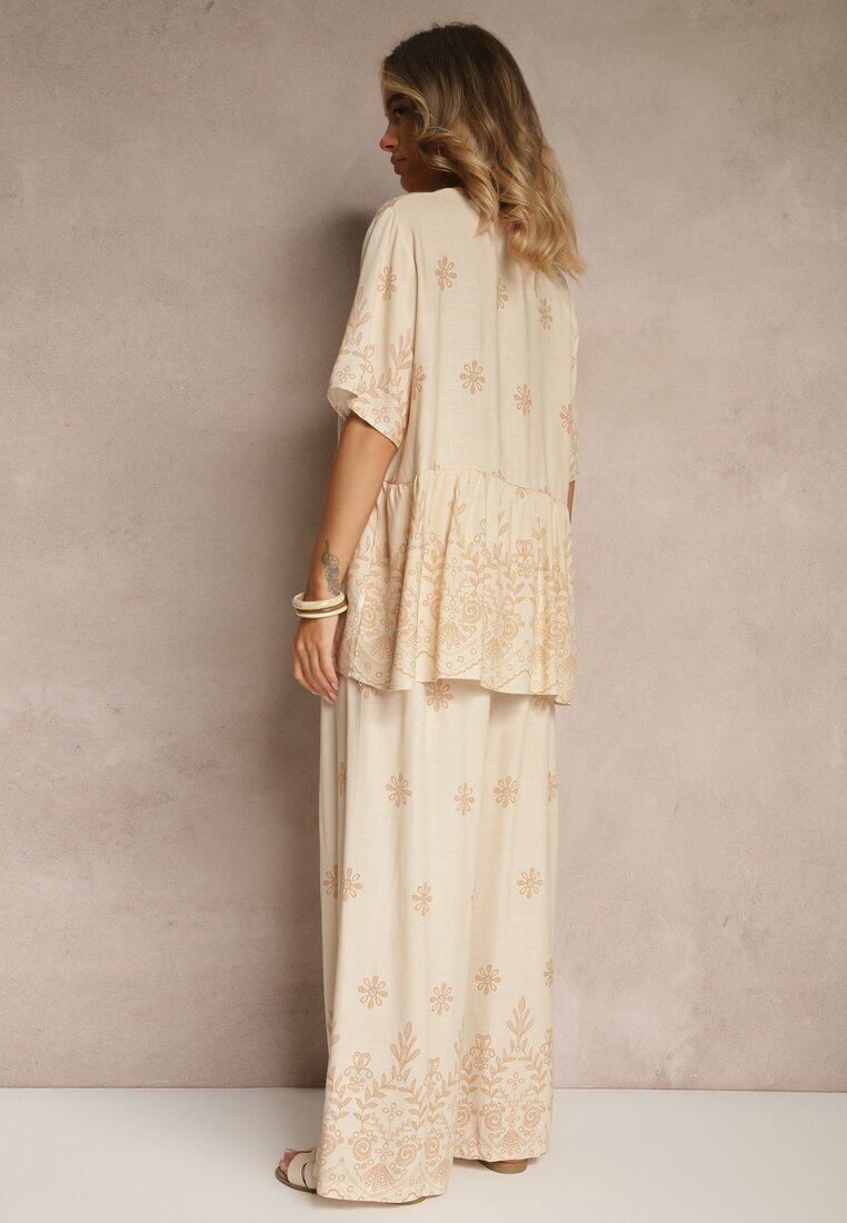 j&x Set Bej din Viscoză Pantaloni și Bluză Decorată cu Legătură Lunarelis