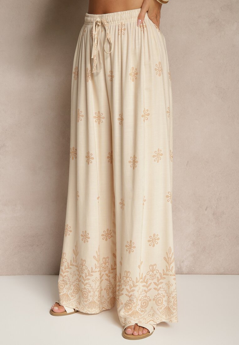 j&x Set Bej din Viscoză Pantaloni și Bluză Decorată cu Legătură Lunarelis