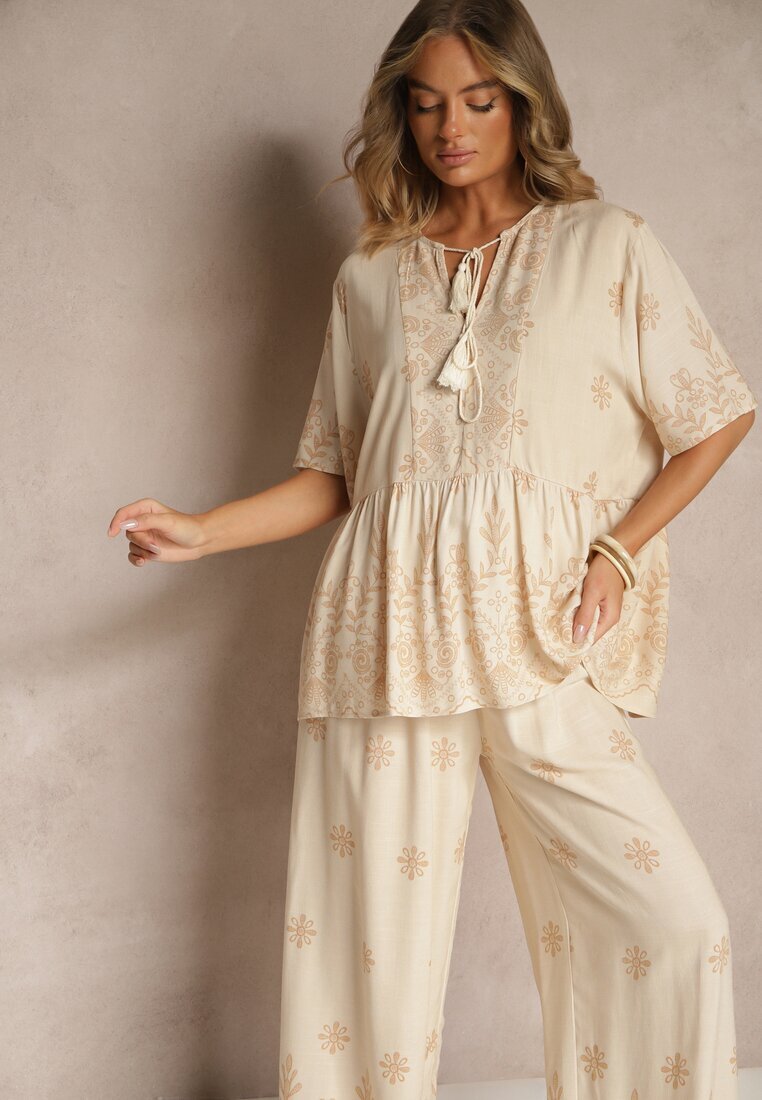 j&x Set Bej din Viscoză Pantaloni și Bluză Decorată cu Legătură Lunarelis