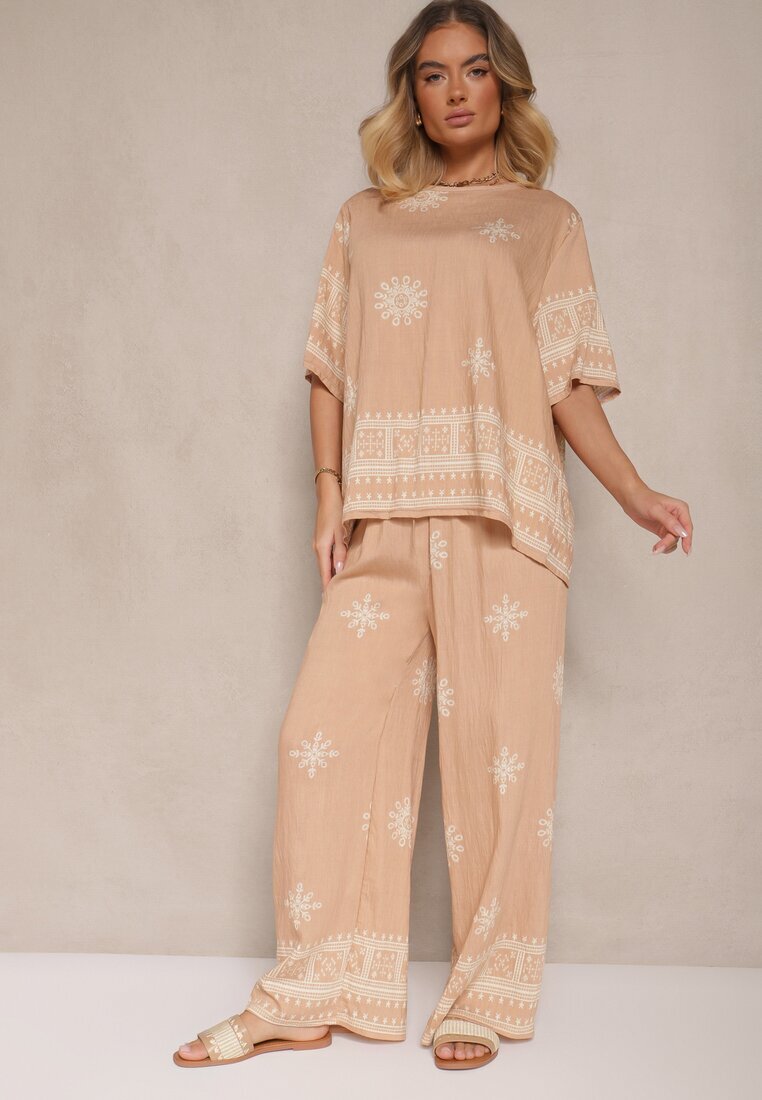 j&x Set bej Oversize cu Bluză și Pantaloni largi în stil Boho Ronivara