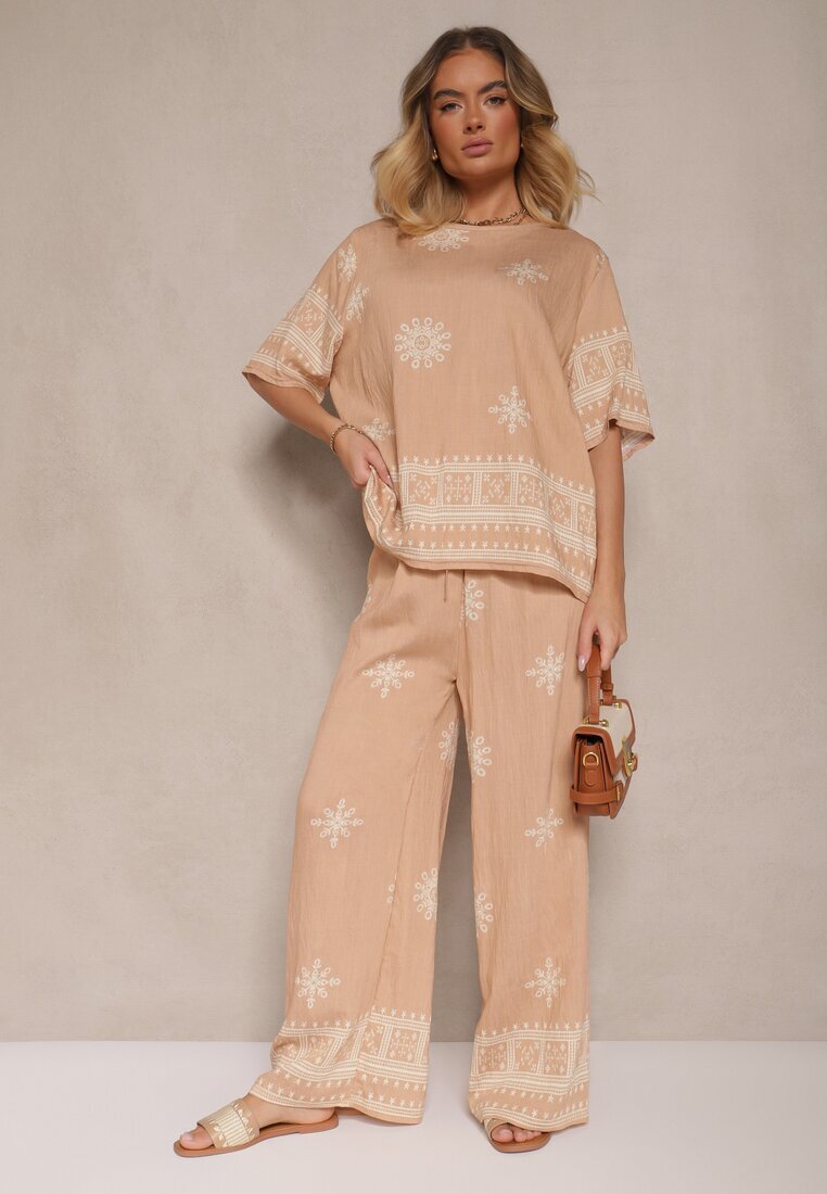 j&x Set bej Oversize cu Bluză și Pantaloni largi în stil Boho Ronivara