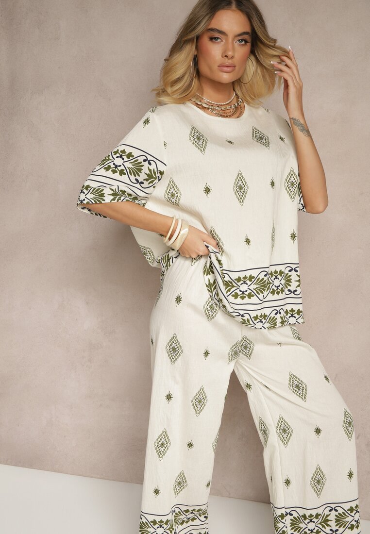 j&x Set Bej și Verde închis din Vâscoză cu Model Etnic Pantaloni Lărgi și Tricou Sarivianne