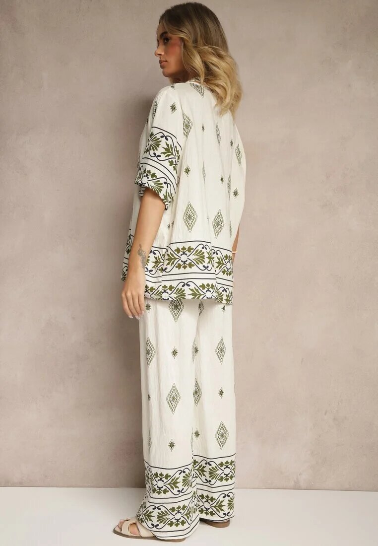 j&x Set Bej și Verde închis din Vâscoză cu Model Etnic Pantaloni Lărgi și Tricou Sarivianne