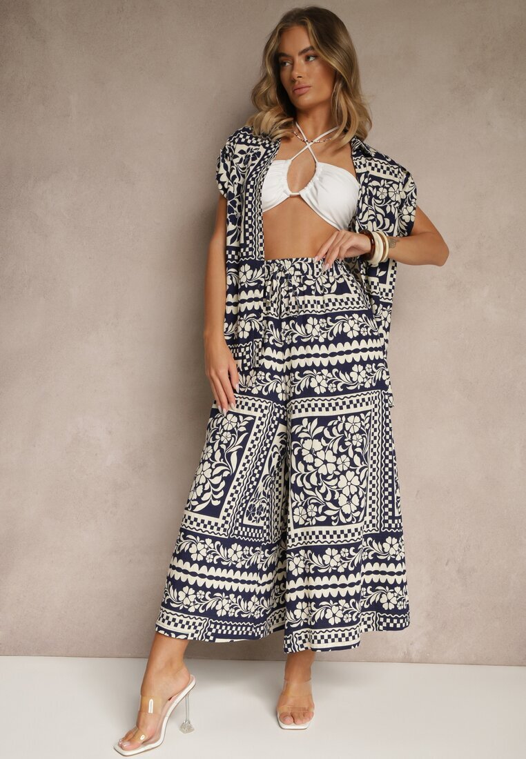 j&x Set Bleumarin cu Vâscoză cu Imprimeu Floral Cămașă și Pantaloni Sonelienna