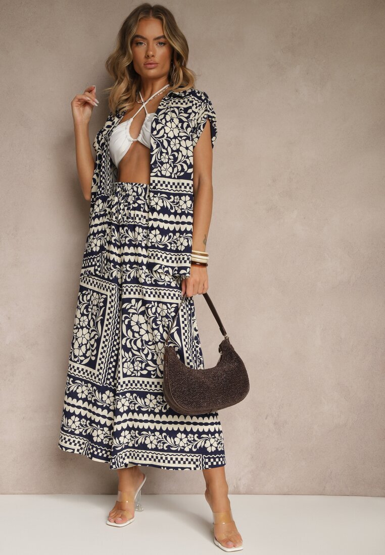j&x Set Bleumarin cu Vâscoză cu Imprimeu Floral Cămașă și Pantaloni Sonelienna