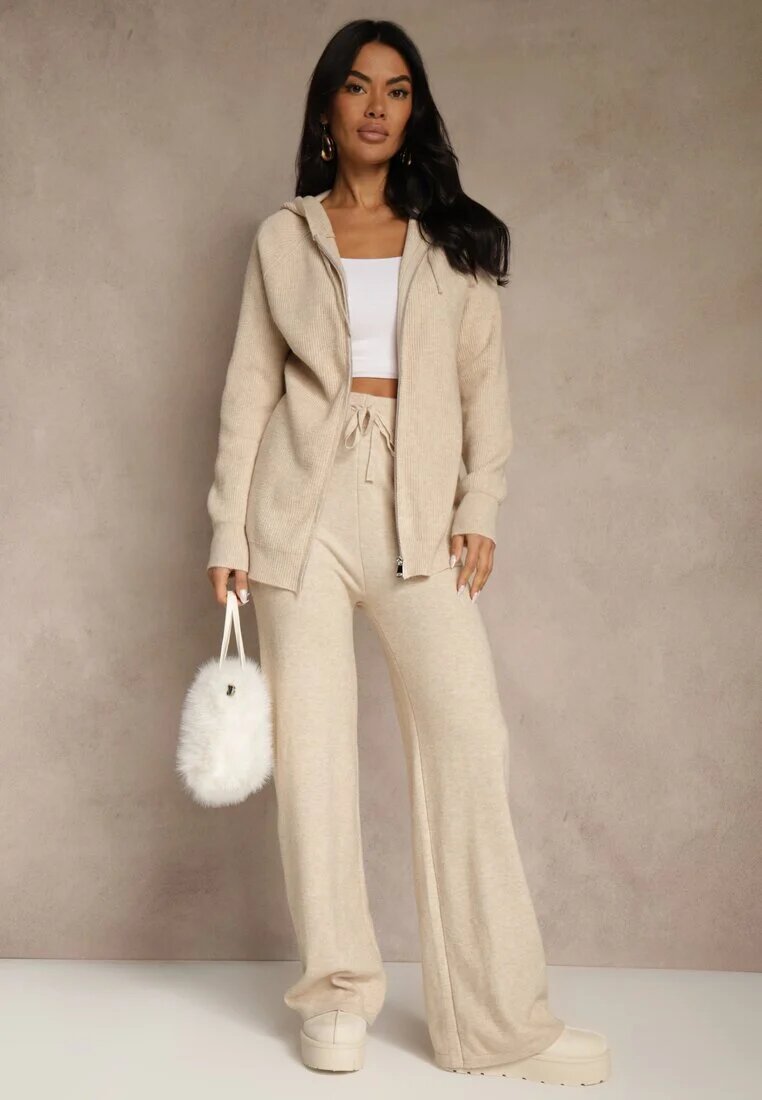 j&x Set de Trening Tricotat Bej cu Lână Hanorac și Pantaloni Essana