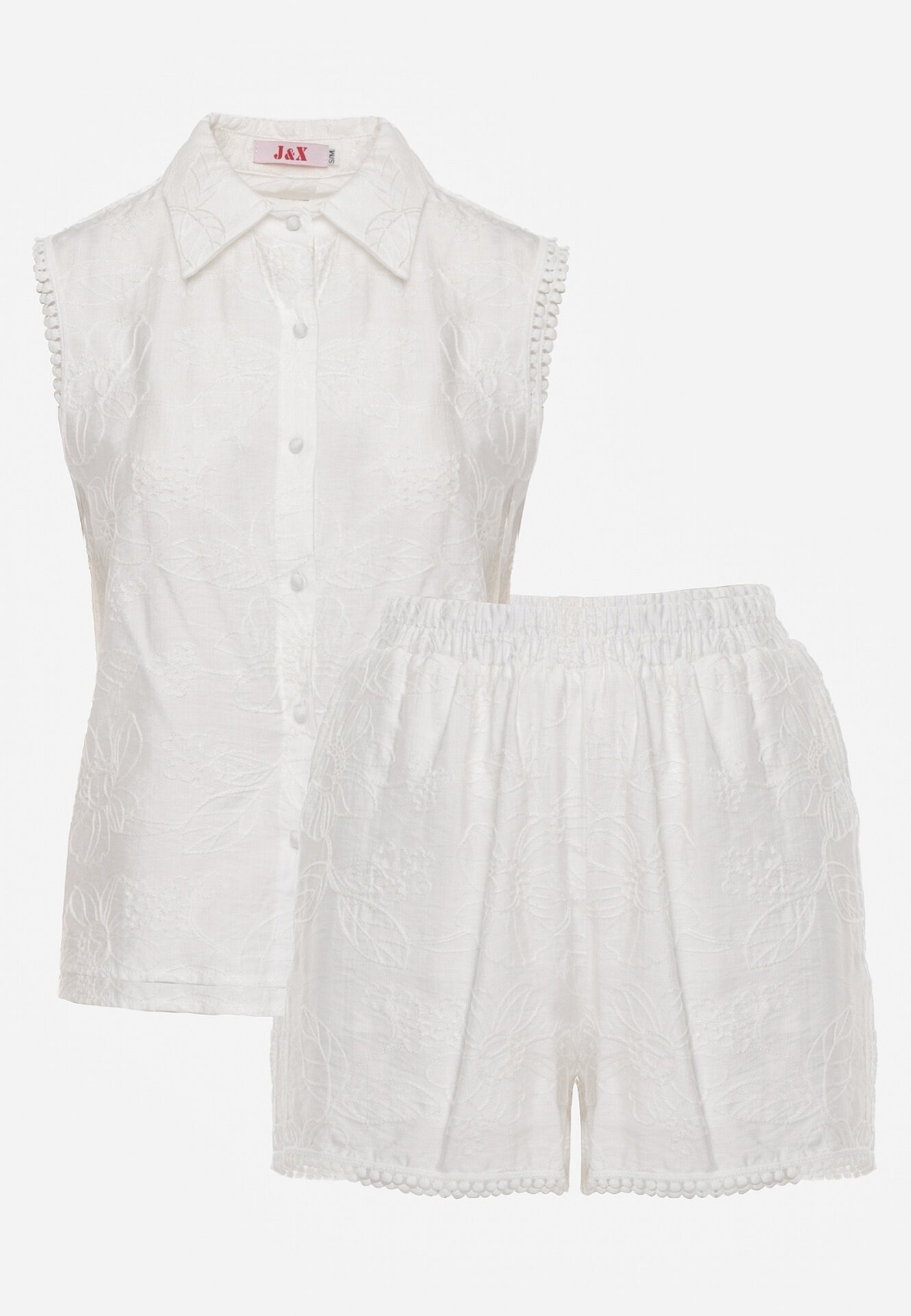 j&x Set de vară din viscoză cu broderie cămașă fără mâneci și scurt Naseshi Alb