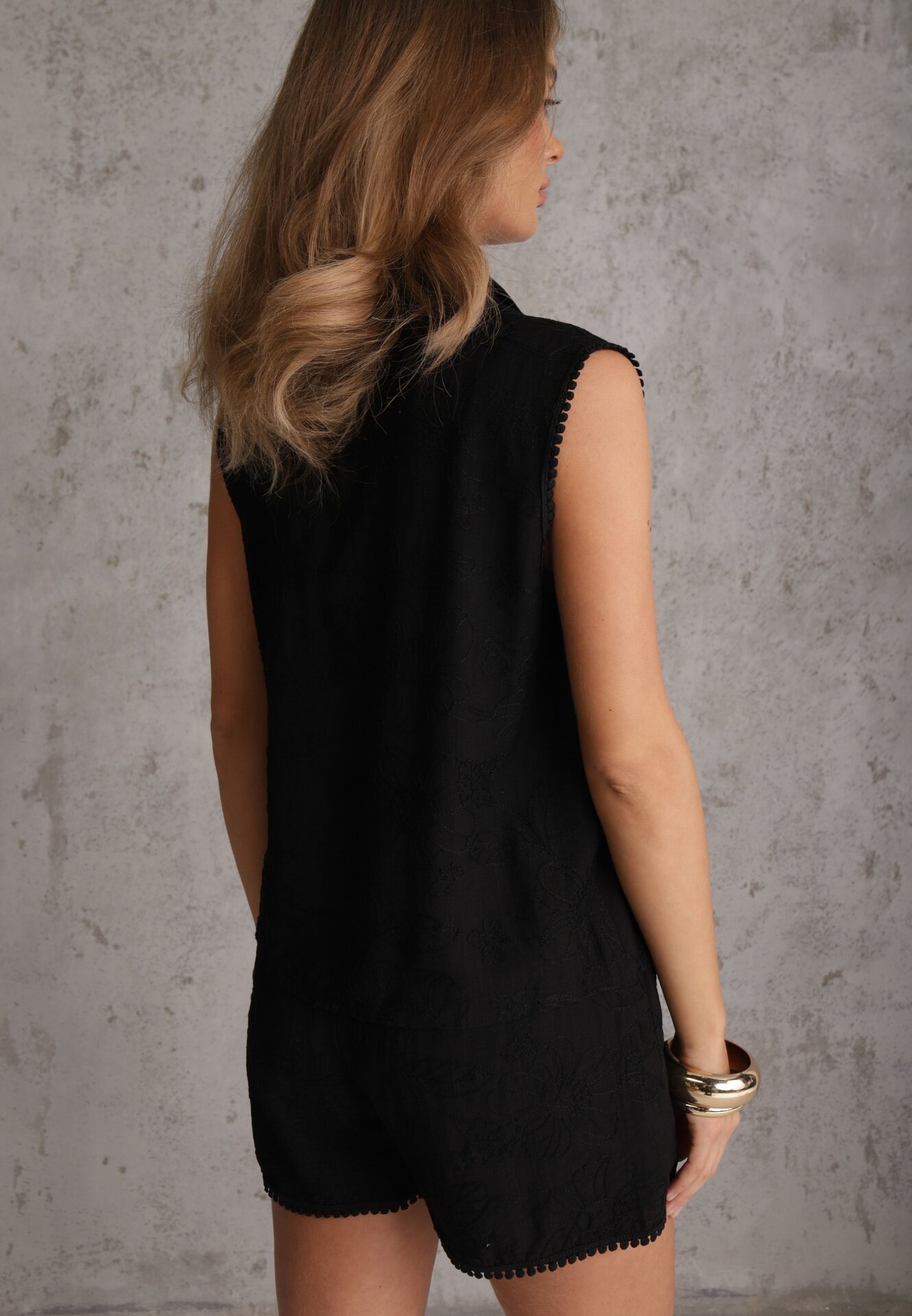 j&x Set de vară din viscoză cu broderie cămașă fără mâneci și scurt Naseshi Negru