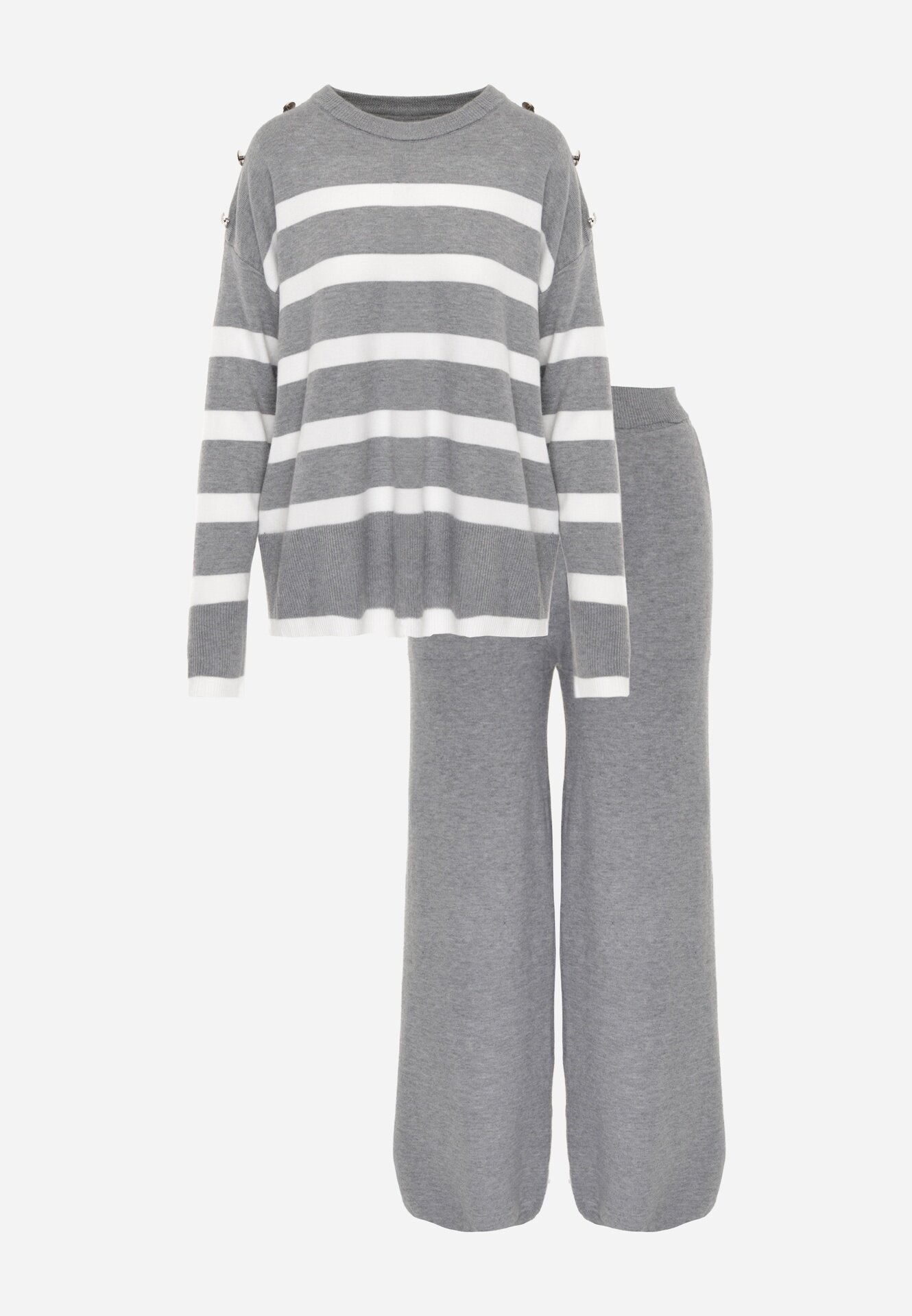 j&x Set din tricot cu bumbac pulover în dungi cu nasturi decorativi și pantaloni Yatis Gri