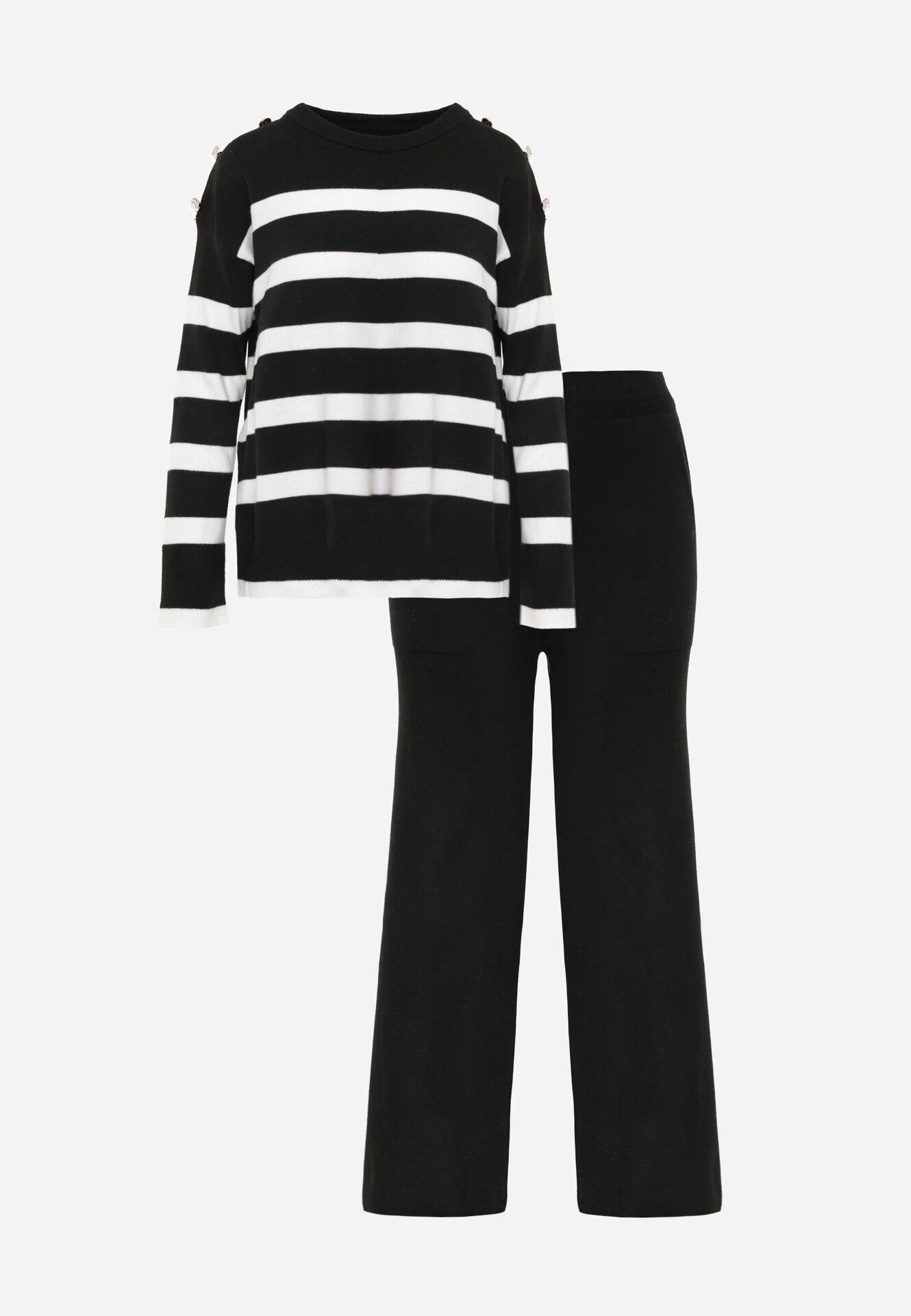 j&x Set din tricot cu bumbac pulover în dungi cu nasturi decorativi și pantaloni Yatis Negru