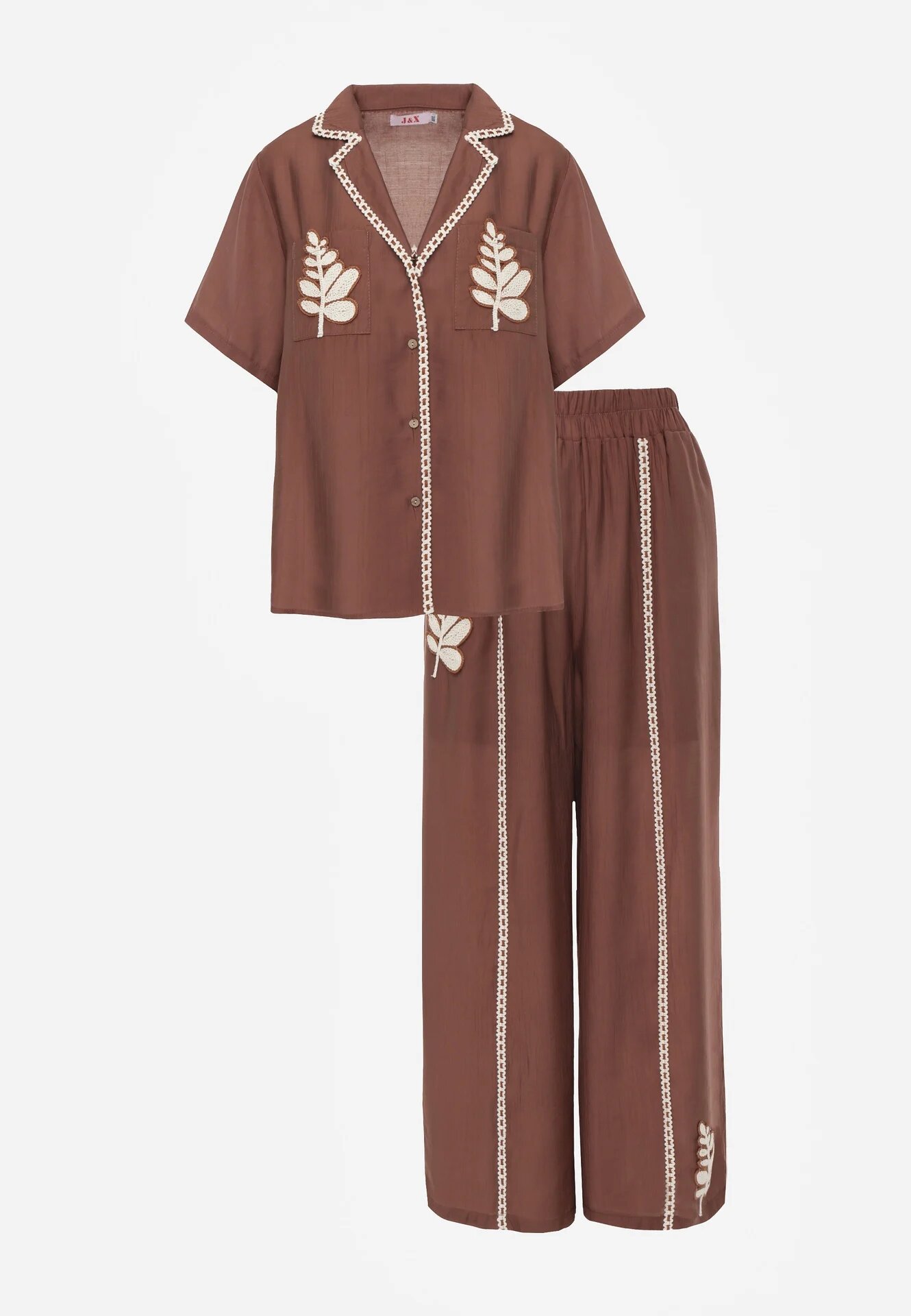 j&x Set din viscoză: cămașă și pantaloni cu aplicații croșetate Urasen Maro