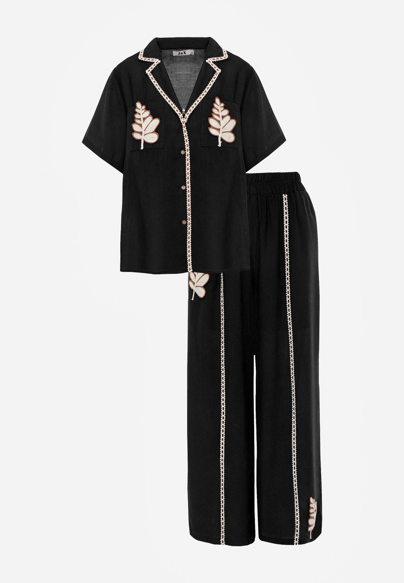 j&x Set din viscoză: cămașă și pantaloni cu aplicații croșetate Urasen Negru