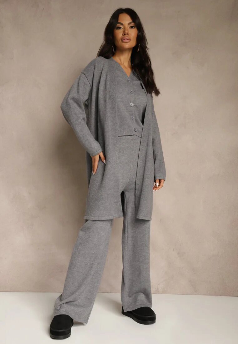 j&x Set Gri din Tricot cu Lână Cardigan Lung Vestă și Pantaloni Netivia