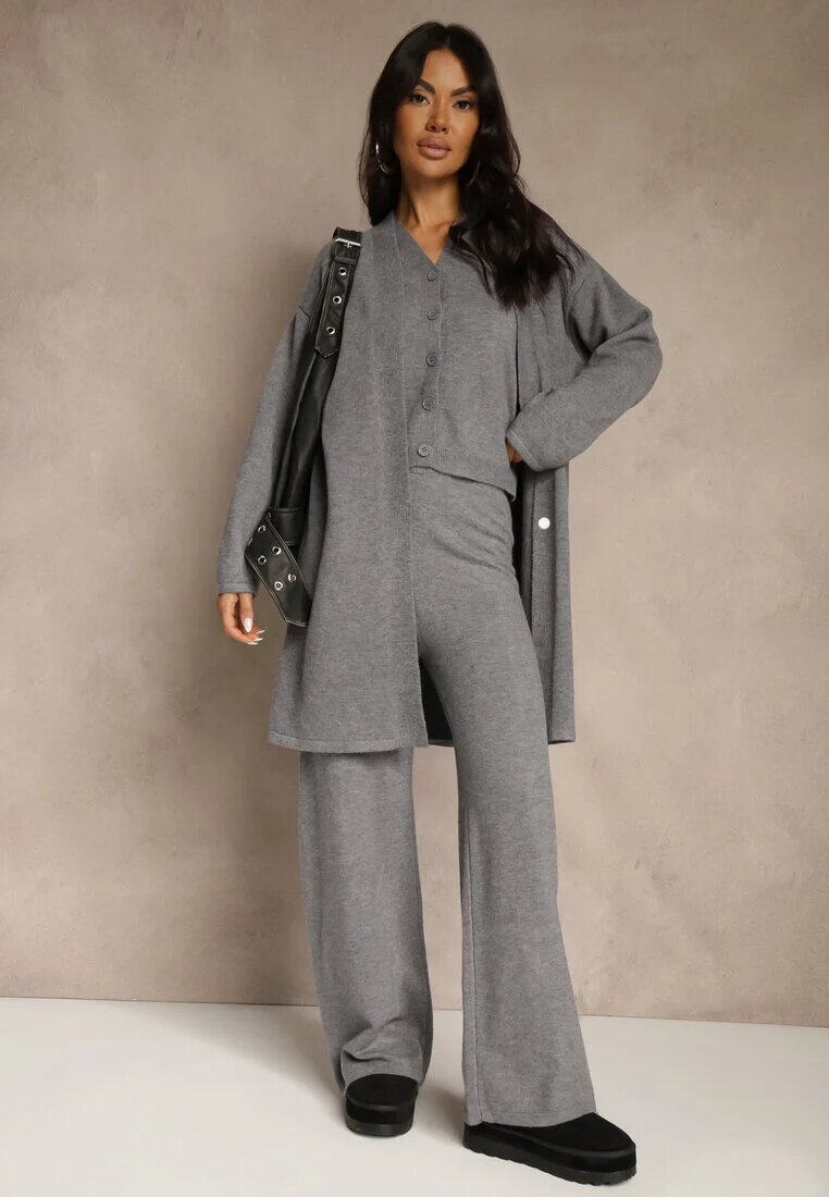j&x Set Gri din Tricot cu Lână Cardigan Lung Vestă și Pantaloni Netivia