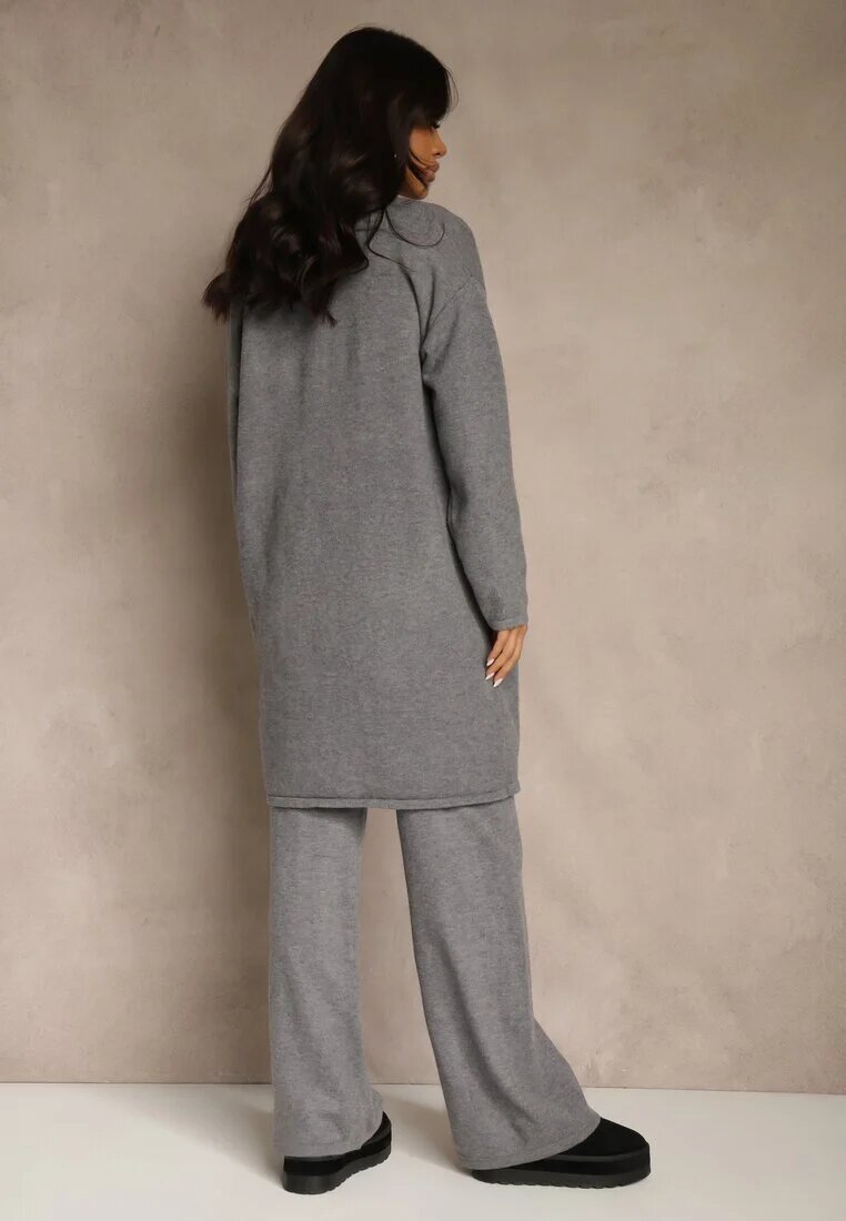 j&x Set Gri din Tricot cu Lână Cardigan Lung Vestă și Pantaloni Netivia