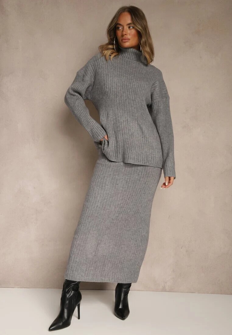 j&x Set Gri din tricot cu lână reiat Maletă și Fustă creion Falirea