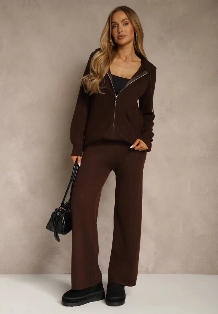 j&x Set Maro cu Lână și Bumbac Bluză cu glugă cu fermoar și Pantaloni Largi Reisema