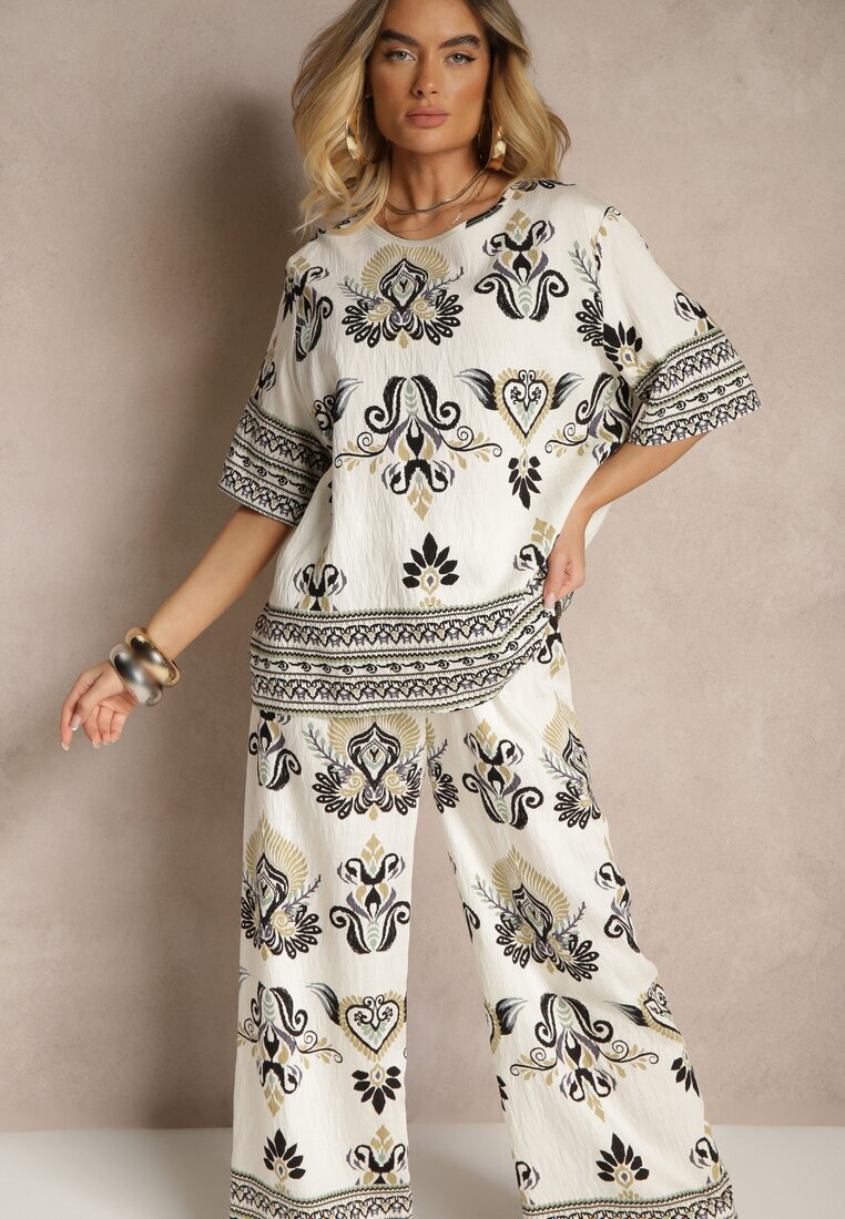 j&x Set Negru-Bej Din Viscoză cu Imprimeu Oriental Pantaloni Lărgi și Tricou Pollialia