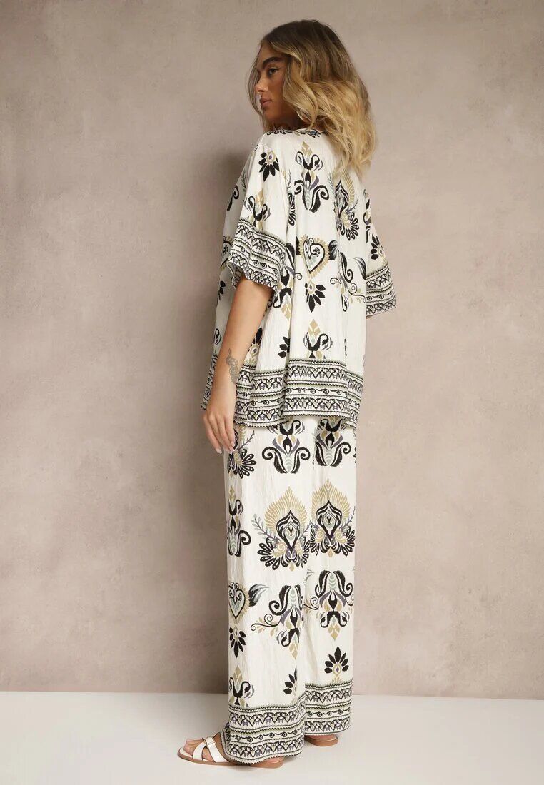 j&x Set Negru-Bej Din Viscoză cu Imprimeu Oriental Pantaloni Lărgi și Tricou Pollialia