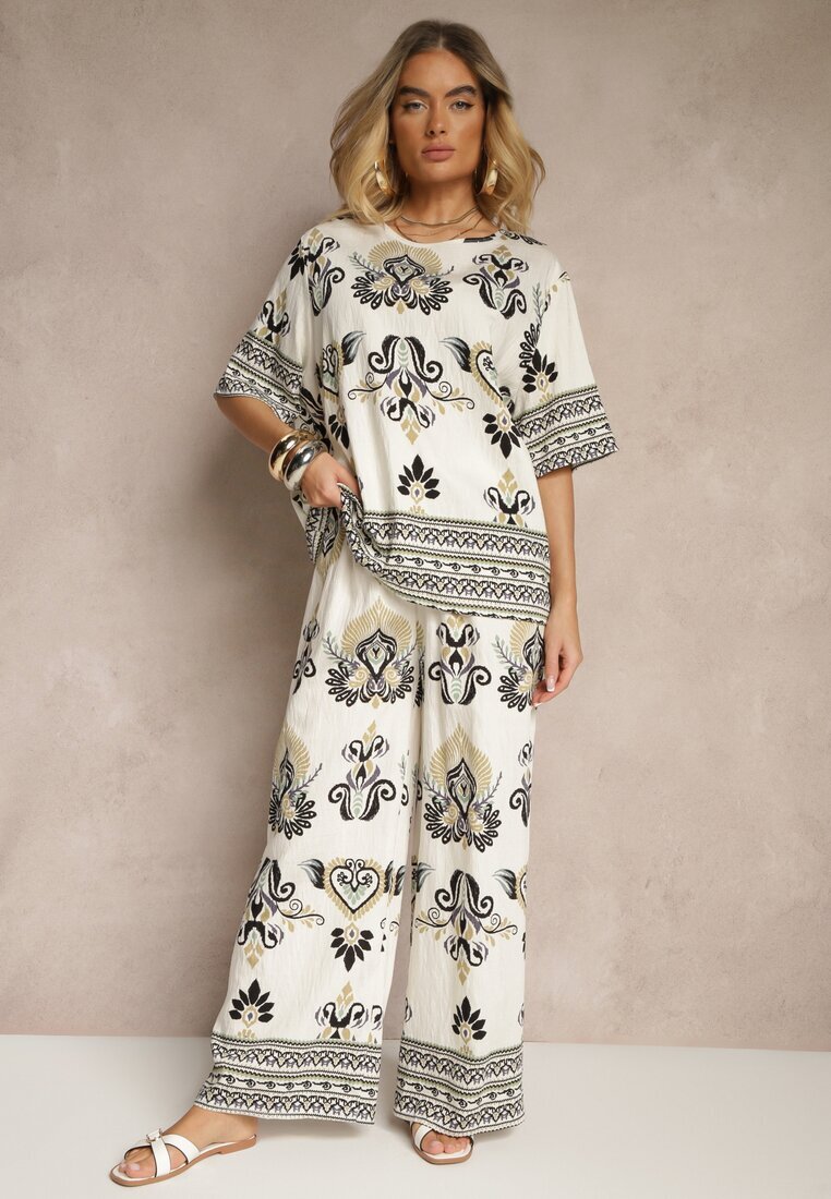 j&x Set Negru-Bej Din Viscoză cu Imprimeu Oriental Pantaloni Lărgi și Tricou Pollialia