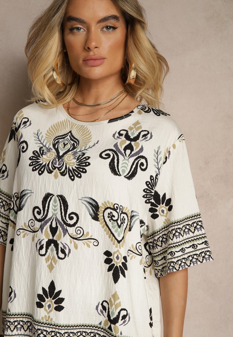 j&x Set Negru-Bej Din Viscoză cu Imprimeu Oriental Pantaloni Lărgi și Tricou Pollialia